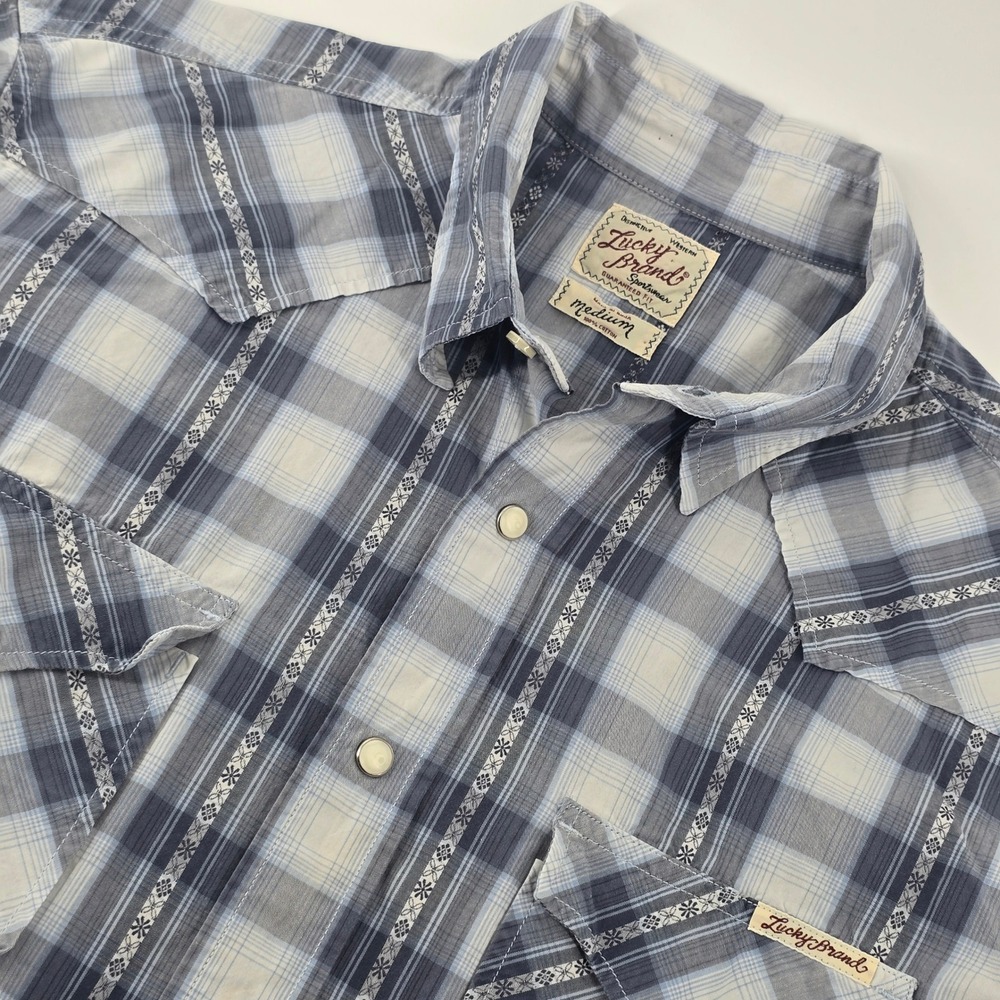 Lucky Brand Western Shirt Mens Medium Blue Plaid Pearl Snap Short Sleeve Cotton